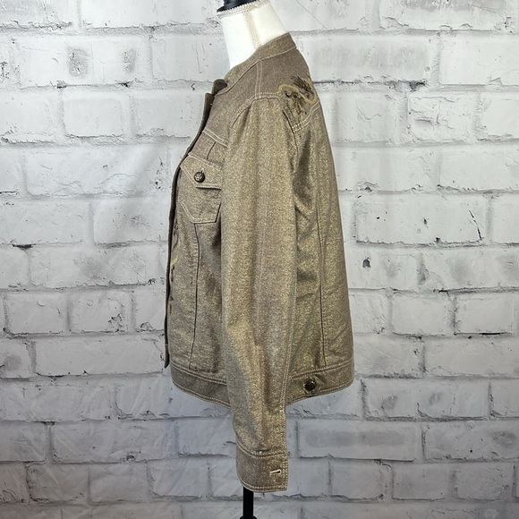 Chicoโs Gold Metallic Lined Button Down Embroidered Jacket - Picture 3 of 11